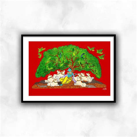 Krishna Playing Flute under a Tree | Pichwai Indian Framed Wall Art ...