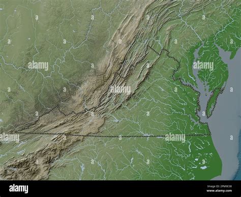 Virginia, state of United States of America. Elevation map colored in ...