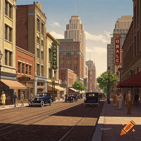 Kansas City street view, 8th and Grand Ave, 1920s cars, art-deco style ...