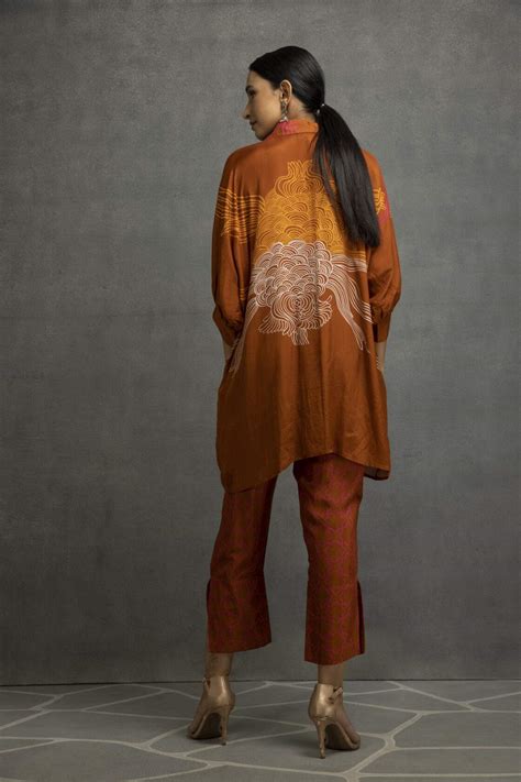Shop Rust Printed Long Shirt in Silk Online – Kahani Lush