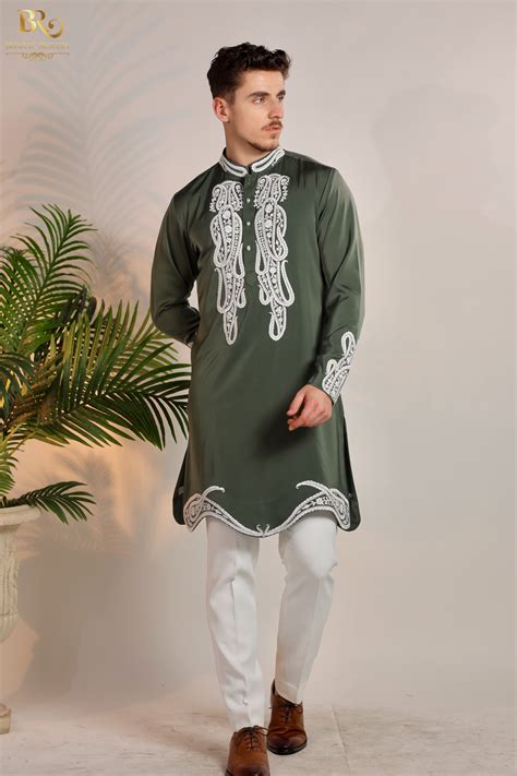 Hand Embroidered Men's olive Kurta Pajama - Bharat Reshma