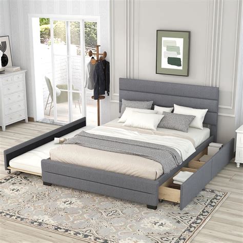 Queen Size Platform Bed, Linen Upholstered Platform Bed Frame with Pull ...