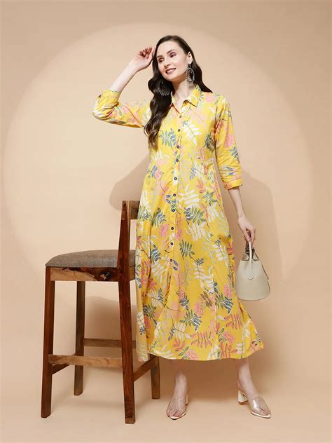 Yellow Cotton Blend Regular Fit Dress For Women – Global...