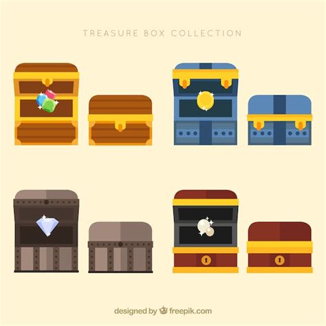 Wooden treasure chest collection with flat design | Free Vector