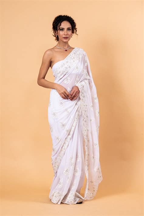 White Floral Embroidered Net Saree