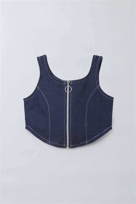 denim sleeveless top stitch detail zip up crop top - Blue – taffykids