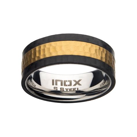 Buy Men's Stainless Steel Carbon Fiber Hammered Band Ring Online - INOX ...