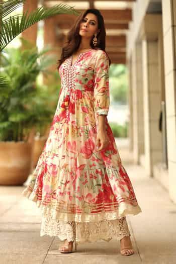 Buy Multi Color Kurta Silk Pant Round Layered Printed And Set For Women ...