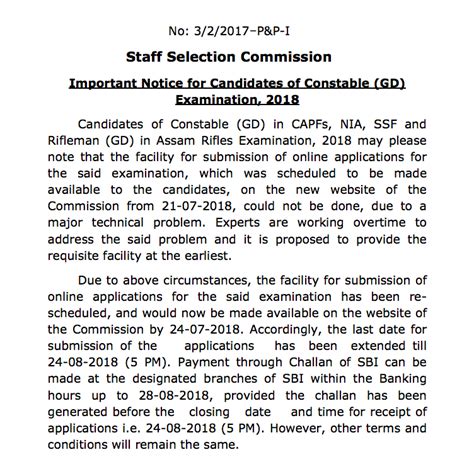 Click Here to Download SSC Notice for Rescheduled Constable GD 2018 ...