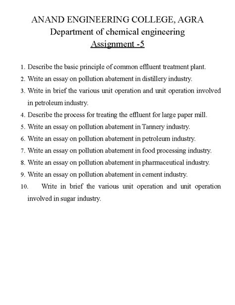 Assignment Chemical Engineering - ANAND ENGINEERING COLLEGE, AGRA ...