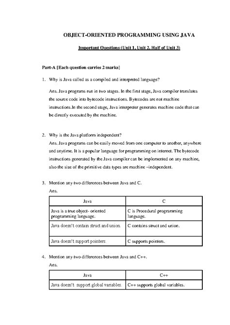 Java OOP Concepts: Important Questions & Answers (Units 1-3) - Studocu