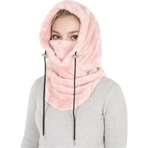 Women's Faux Shearling Hooded Scarf with Adjustable Drawstrings and ...