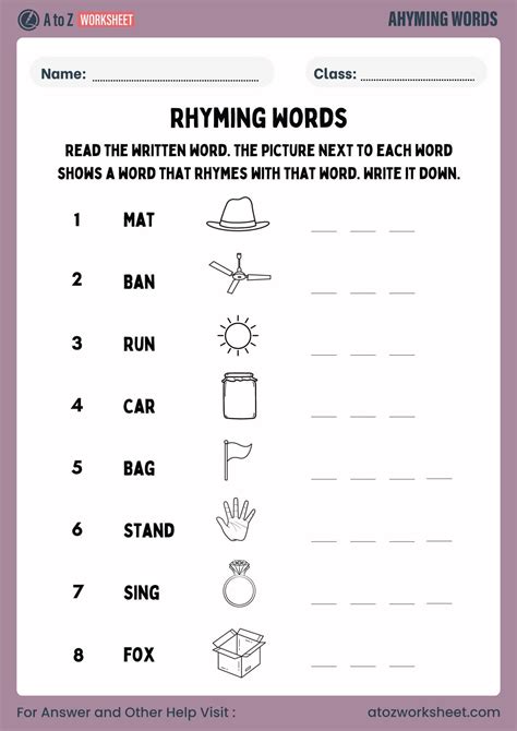Rhyming Words Worksheet for UKG To Grade 1 (Free PDF) - A to Z Worksheet