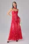 Buy Red Chiffon Sweetheart Neck Abstract Floral Hand Pleat Maxi Dress ...