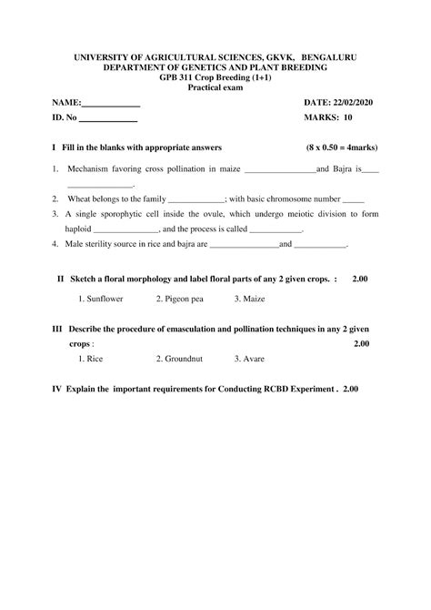 GPB 202 Crop Breeding (2+1) Practical Question Paper (2020)