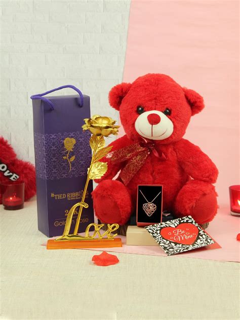 Buy | Valentine Red and Gold Toned Teddy Bear | Tied Ribbons