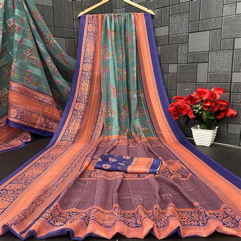 Elegant Rama Green & Blue Floral Digital Printed Georgette Saree Adorn