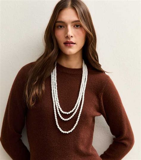 Cream 3 Strand Long Faux Pearl Necklace | New Look