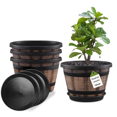 Quarut Plant Pots Set of 4 Pack 12 inch,Large Whiskey Barrel Planters ...