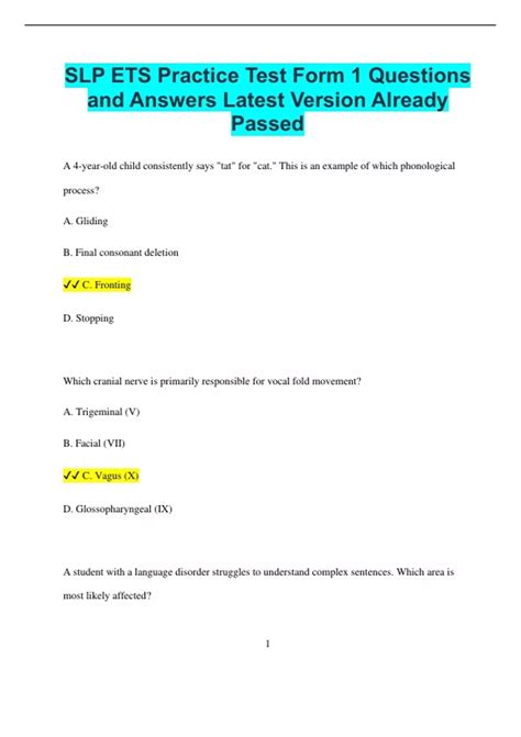 SLP ETS Practice Test Form 1 Questions and Answers Latest Version ...