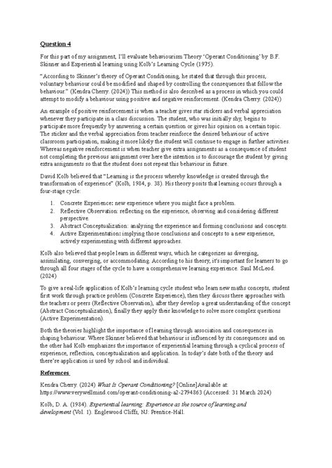 Unit 2 Assignments Q4 - Evaluation of Behaviourism and Kolb's Learning ...