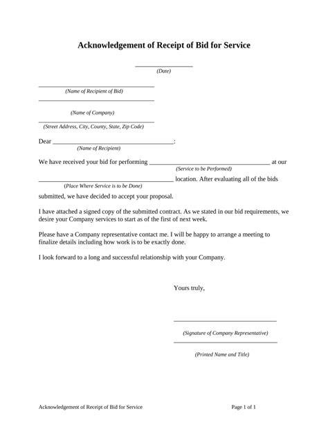 Acknowledgement of Receipt of Bid for Service - Blank Fillable Template ...