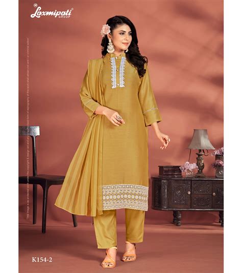 Laxmipati Muslin Base Mustard Embroidered Straight Cut Kurti With Pant