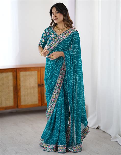Blue Georgette Printed Bandhani Saree – Sudathi