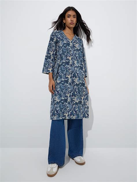 Buy Utsa Blue Floral Design Straight Cotton Kurta from Westside