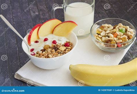 Full Morning Breakfast with Fruit,cereal and Milk Stock Image - Image ...