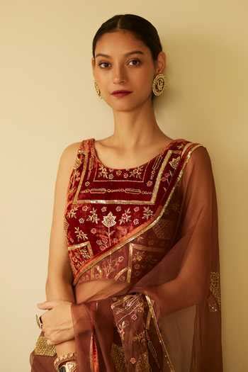 Buy Brown Organza, Velvet, Silk Embroidery Meera Saree With Unstitched ...