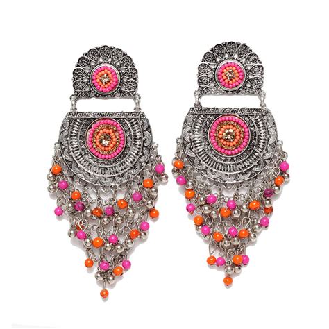 Yellow Chimes Oxidised Earrings for Women Afghani Tribal Pink Beads ...
