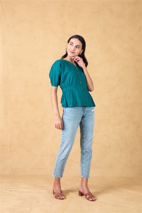 Isabella Top | Green Drop Shoulder Top with pinched waist | Untung