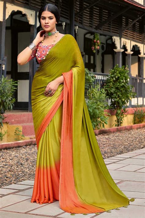 Olive Chiffon Embellished Ombre - Ready to Wear – ONE MINUTE SAREE INDIA