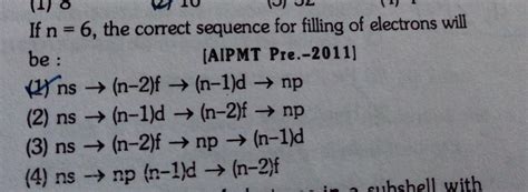 if n = 6 the correct sequence for filling of electrons will beplz ...