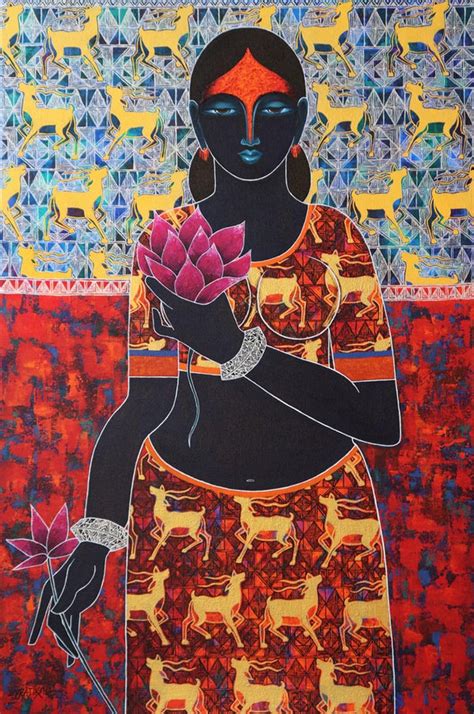 "Sita And The Golden Deer": Red Violet Acrylic Painting by Pratiksha ...