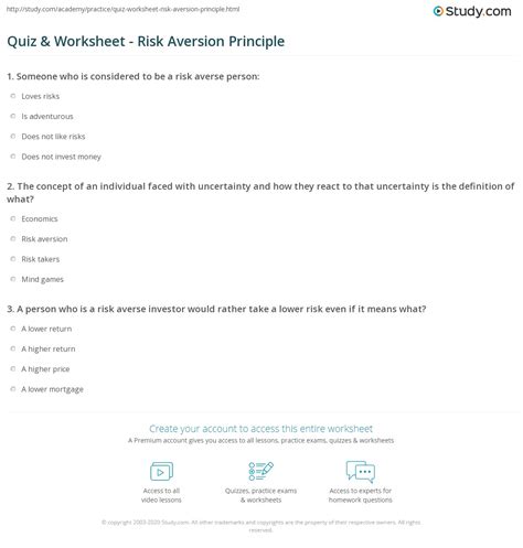 Quiz & Worksheet - Risk Aversion Principle | Study.com