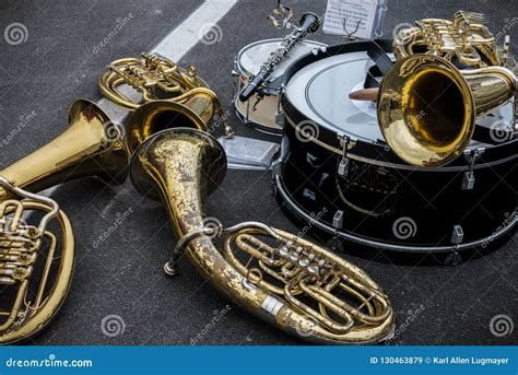 Collection of Brass Instruments Outdoors Stock Image - Image of march ...