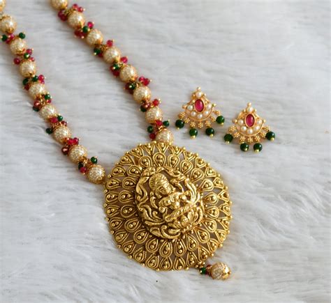 Antique gold tone red-green-pearl beaded lakshmi haar set dj-47781 ...