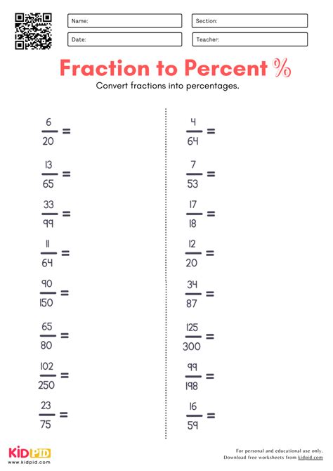 Fraction to Percent Worksheet for Grade 6 - Kidpid