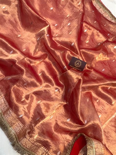 Rust Orange Banarasi Handloom Organza Tissue Silk Saree - Aura Benaras ...