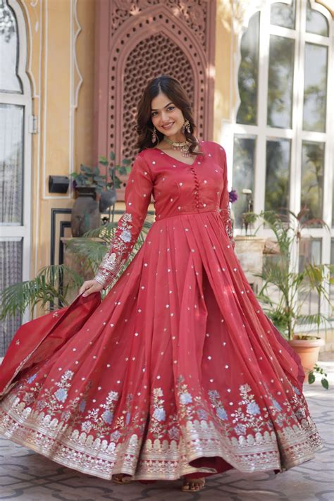 Red Elegant Viscose Cosmos Embroidered Anarkali Set with Dup
