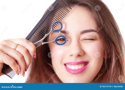 Girl Hairdresser with Scissors and Comb Closeup Stock Photo - Image of ...