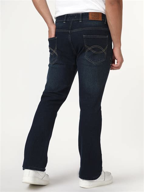 Men's Dark Blue Bootcut Fit Mid Rise Heavy Washed Jeans Stretchable ...