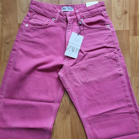 Zara hot pink wide leg jeans with frayed hems. Brand... - Depop
