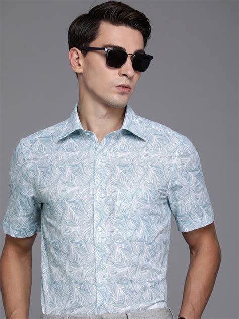 Men Blue And White Classic Tropical Printed Cotton Linen Casual Shirt