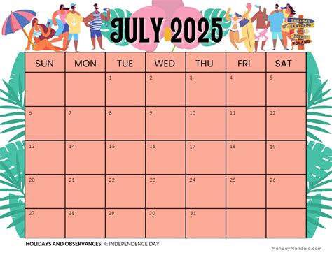 Free Printable July 2025 Calendar with Holidays | Calendars 2025