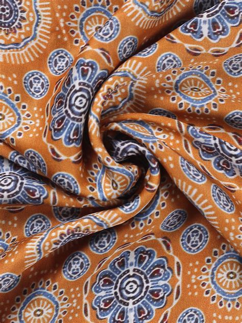 Mustard Ajrak Screen Print Modal Satin Fabric – Tirumala Designers