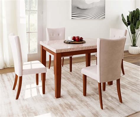 ESTRE Anemone Solid Rubberwood 4-Seater Marble Top Dining Table with 4 ...