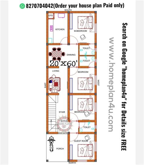 20x60 House Plan with interior | House plans, Architectural floor plans ...